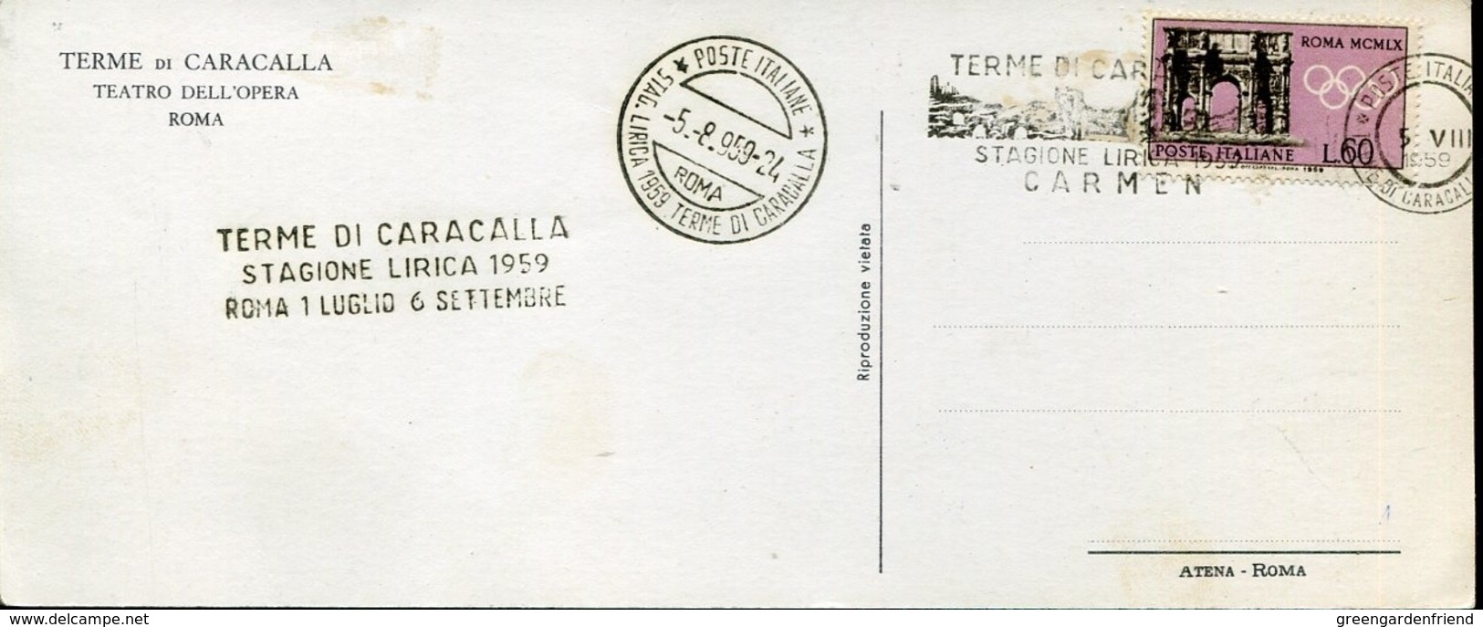 47272 Italia, Special Card And Postmark Terme Caracalla 1959 Lyric Opera CARMEN Of Bizet RR - Música