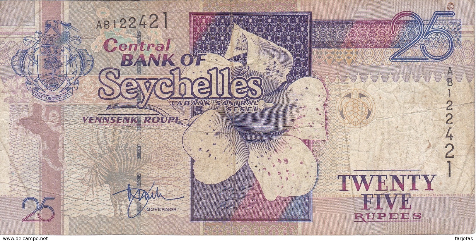 BILLETE DE SEYCHELLES DE 25 RUPEES DEL AÑO 1998  (BANKNOTE) FLOR-FLOWER - Seychellen