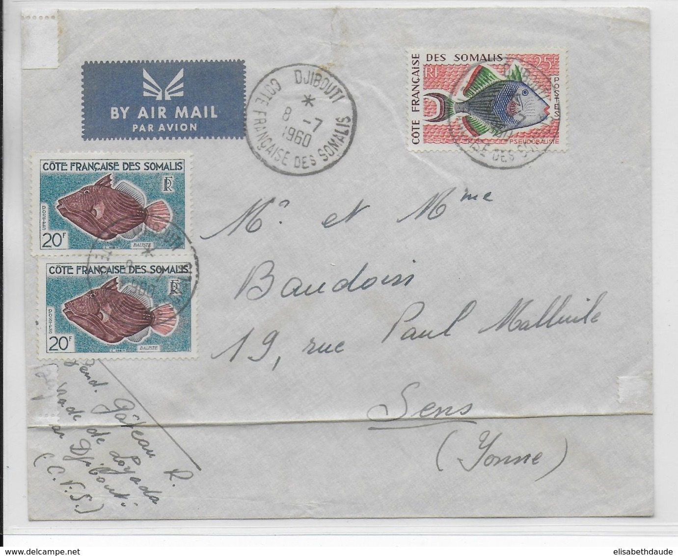 COTE DES SOMALIS - 1960 - ENVELOPPE Par AVION De DJIBOUTI  => SENS - Lettres & Documents