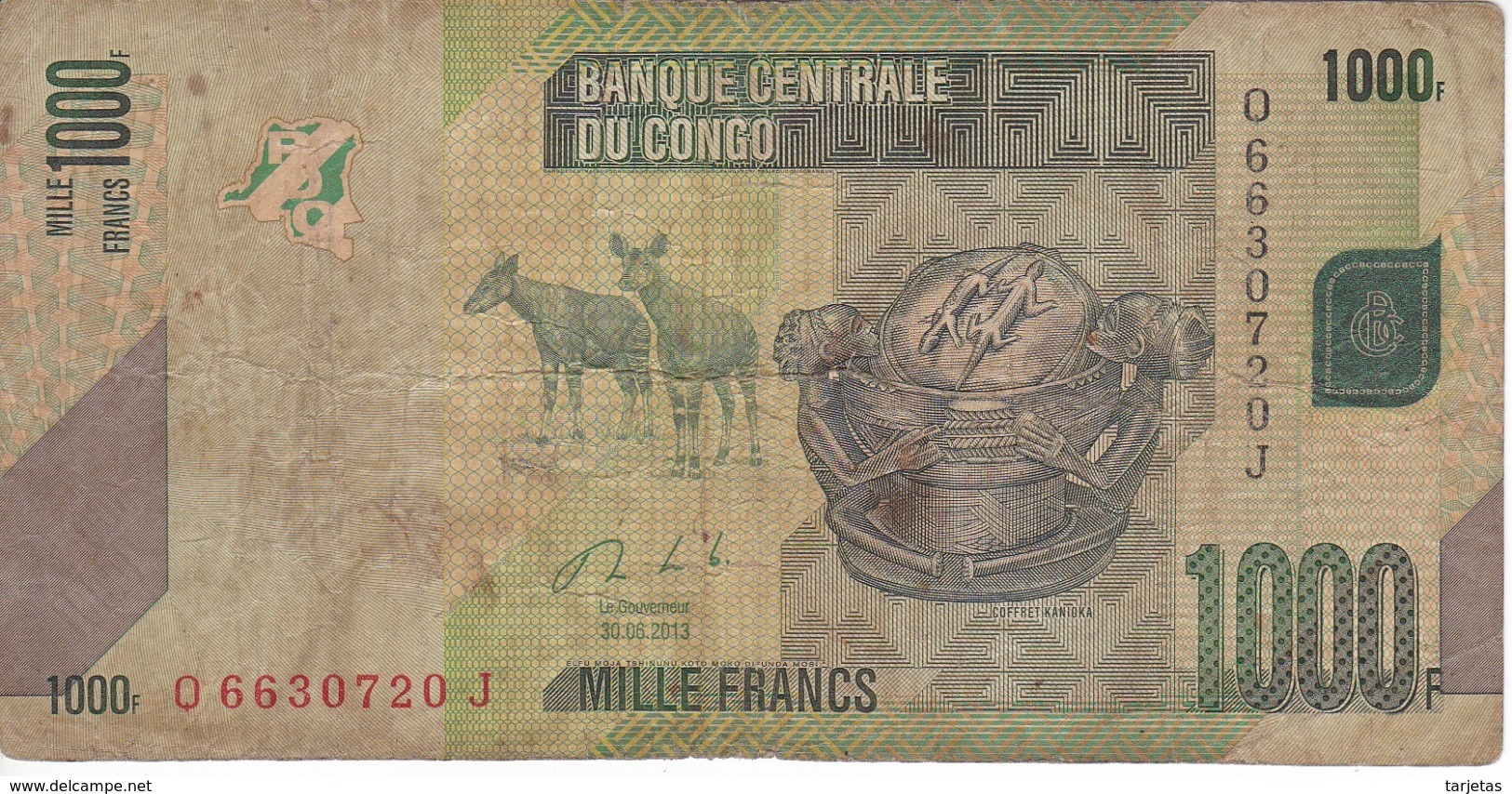 BILLETE DE EL CONGO DE 1000 FRANCOS DEL AÑO 2013 (BANKNOTE) LORO-PARROT - Democratische Republiek Congo & Zaire