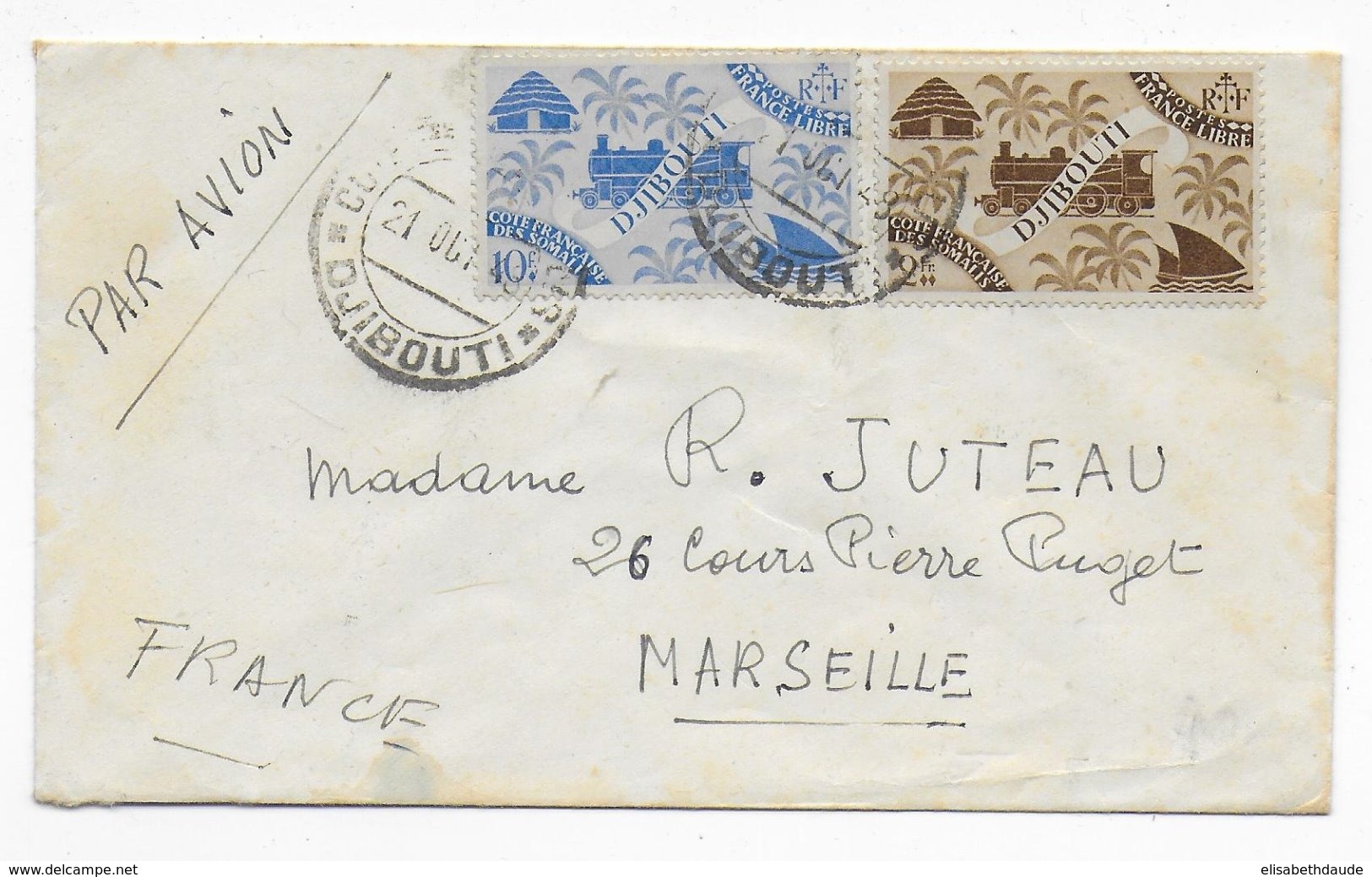 COTE DES SOMALIS - 1948 - ENVELOPPE PETIT FORMAT Par AVION De DJIBOUTI  => MARSEILLE - Cartas & Documentos