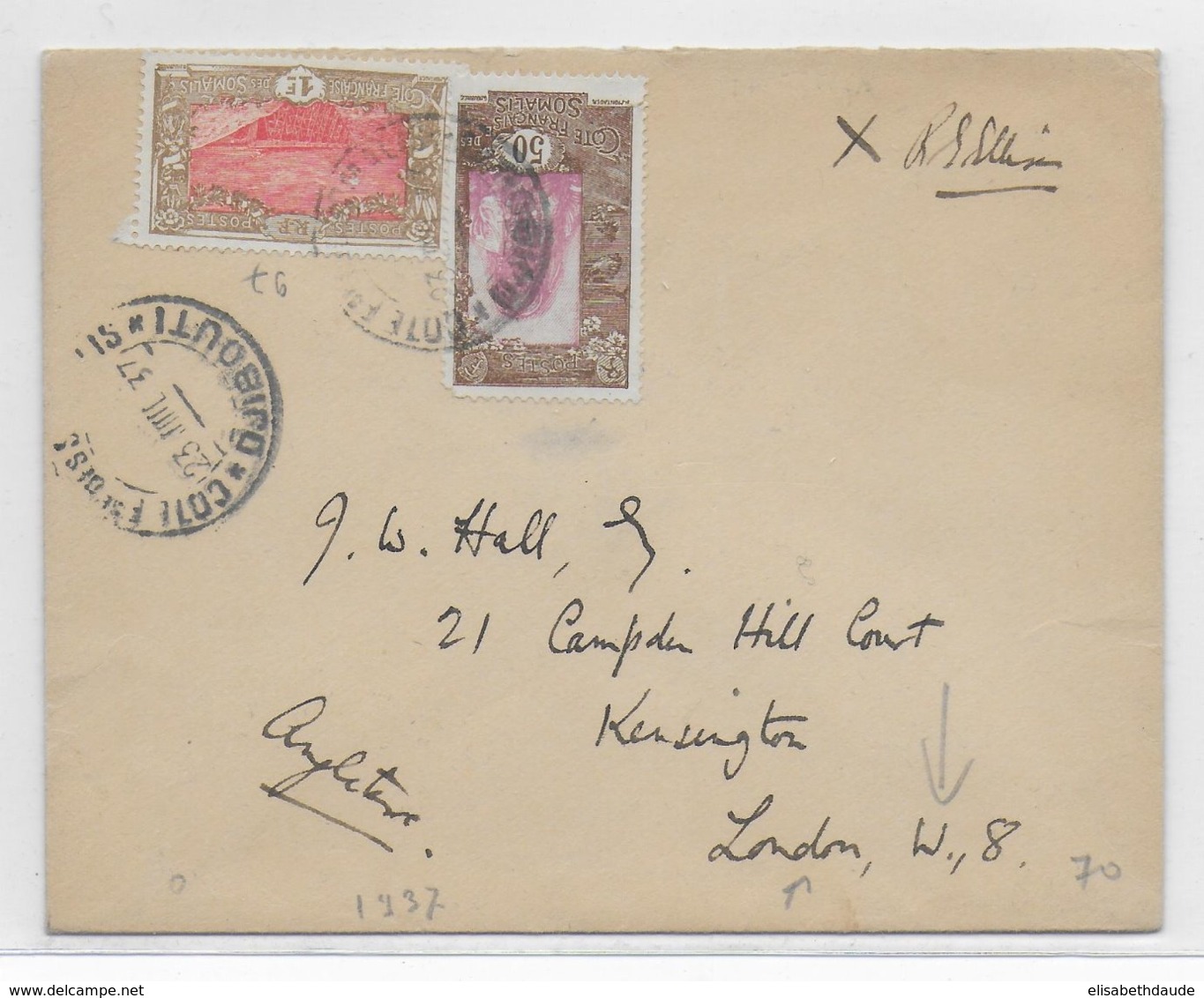 COTE DES SOMALIS - 1937 - ENVELOPPE De DJIBOUTI  => LONDON ! - Covers & Documents