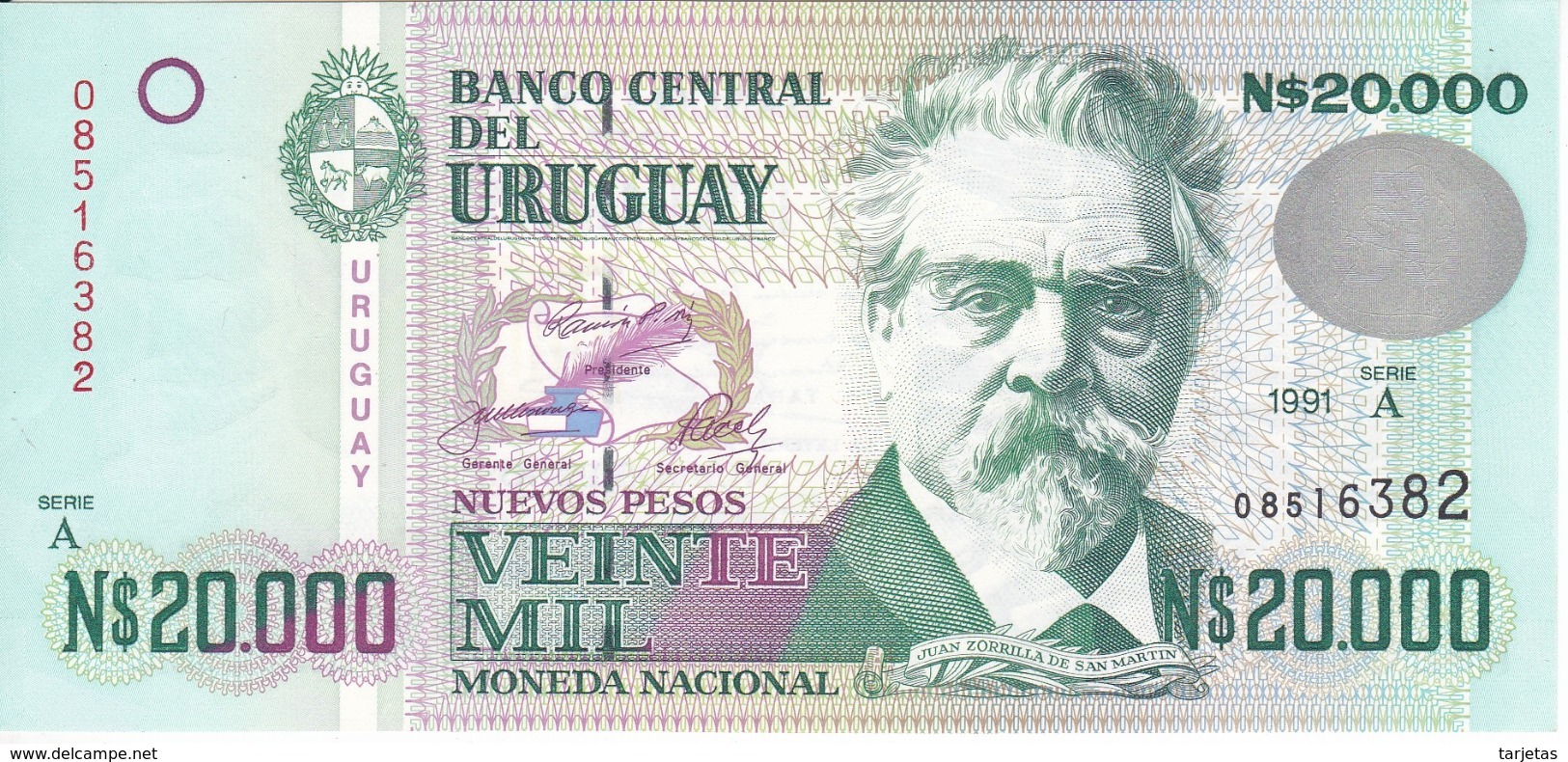 BILLETE DE URUGUAY DE 20000 PESOS DEL AÑO 1991 EN CALIDAD EBC (XF) (BANKNOTE) - Uruguay