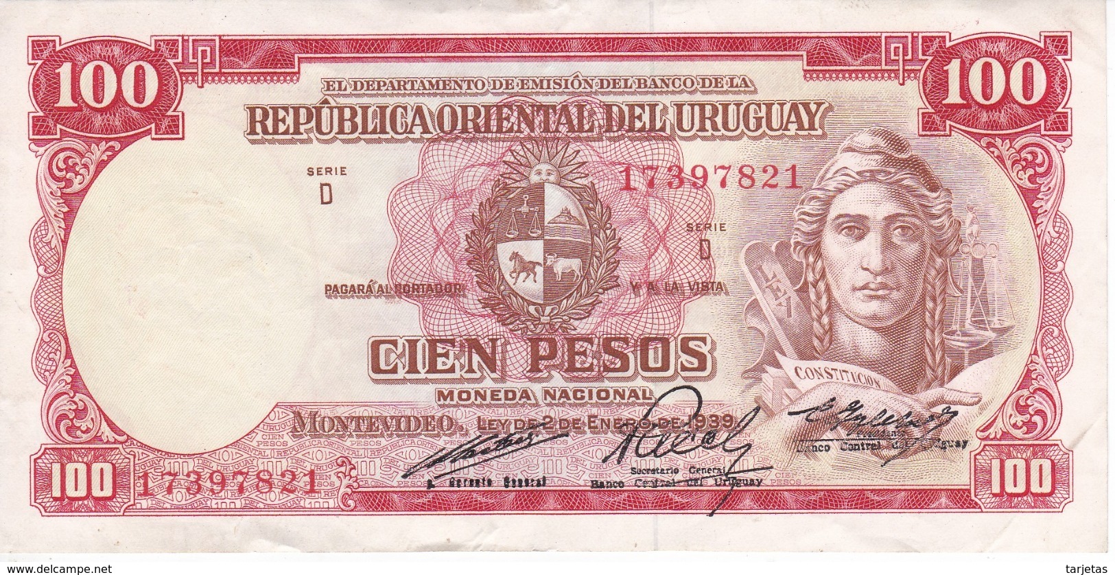 BILLETE DE URUGUAY DE 100 PESOS DEL AÑO 1939 EN CALIDAD EBC (XF) (BANKNOTE) - Uruguay
