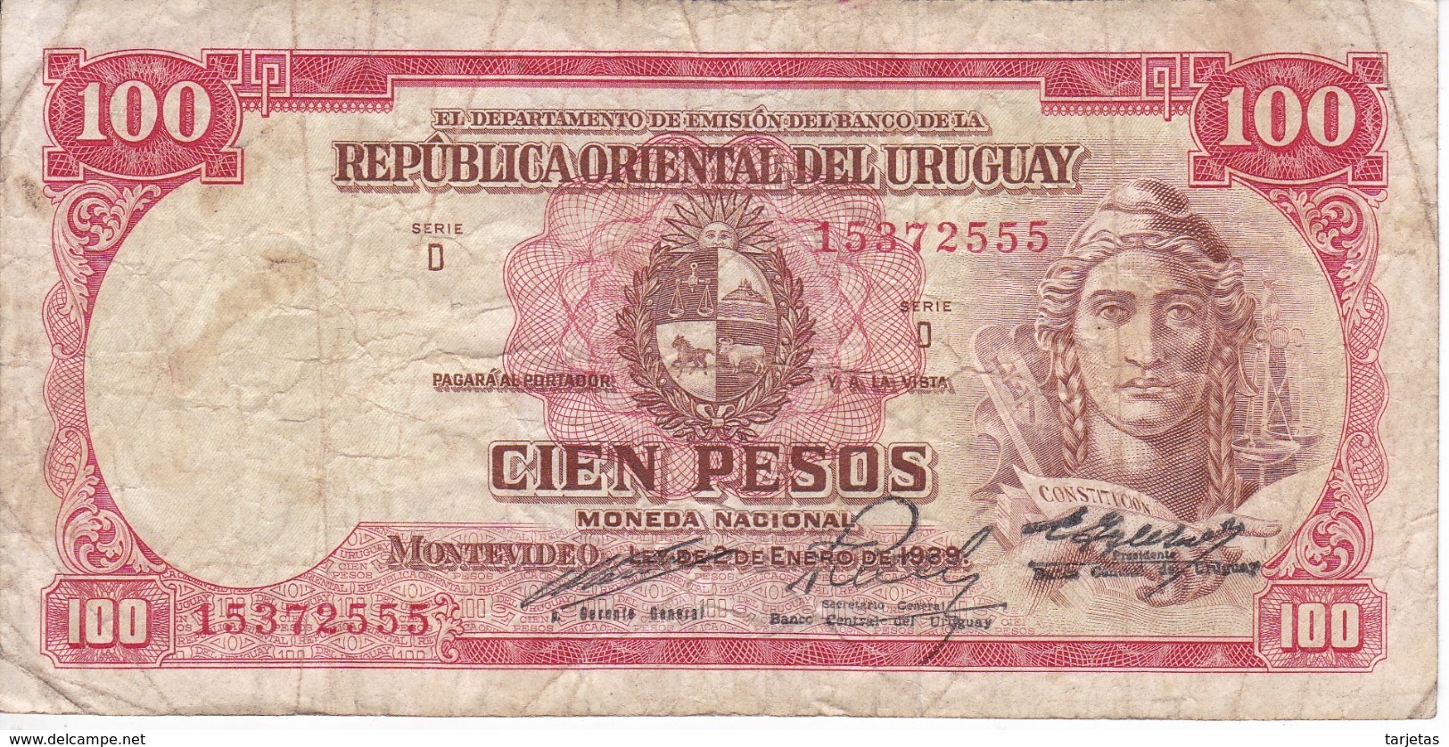 BILLETE DE URUGUAY DE 100 PESOS DEL AÑO 1939  (BANKNOTE) - Uruguay