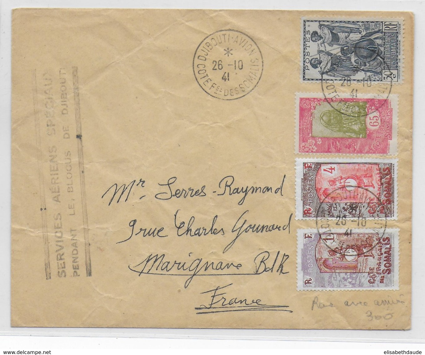 COTE DES SOMALIS - 1941 - ENVELOPPE SERVICES AERIENS SPECIAUX PENDANT LE BLOC De DJIBOUTI => MARIGNANE - Lettres & Documents