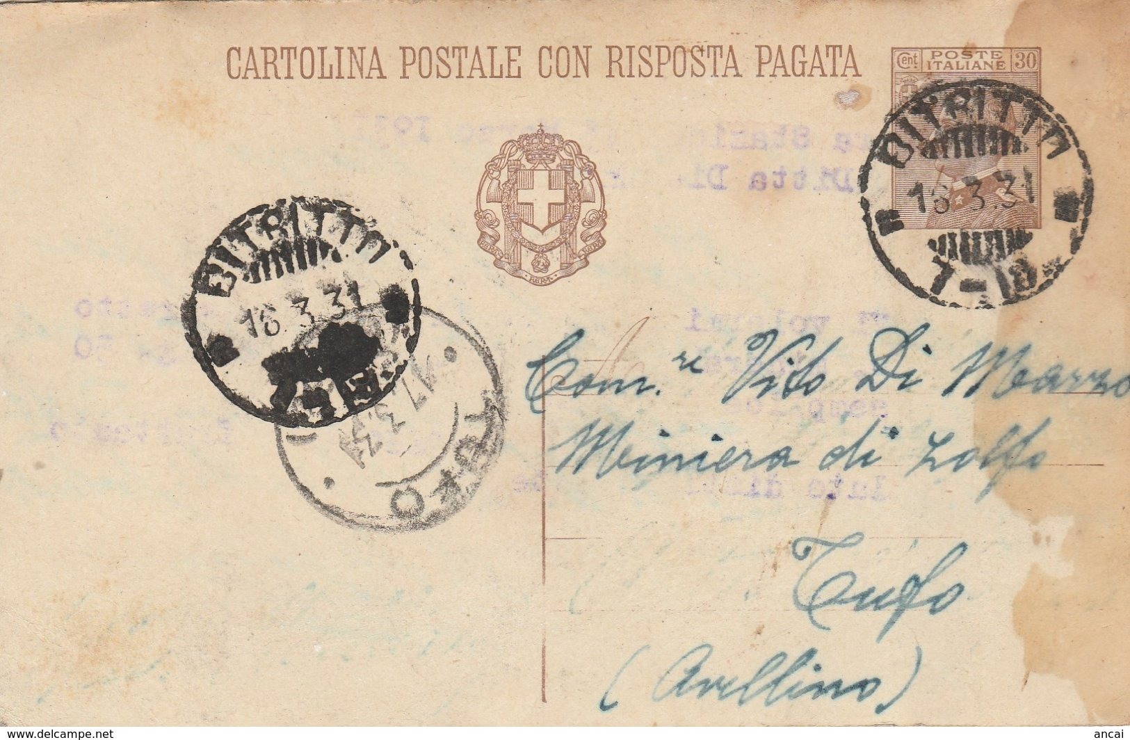 Bitritto. 1931. Annullo Frazionario (7 - 18), Su Cartolina Postale Completa Di Testo - Storia Postale