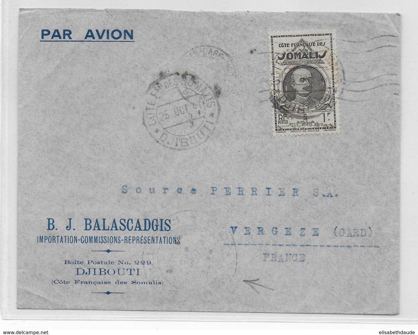 COTE DES SOMALIS - 1941 - ENVELOPPE Par AVION PENDANT LE BLOC De DJIBOUTI Avec CENSURE => VERGEZE - Storia Postale