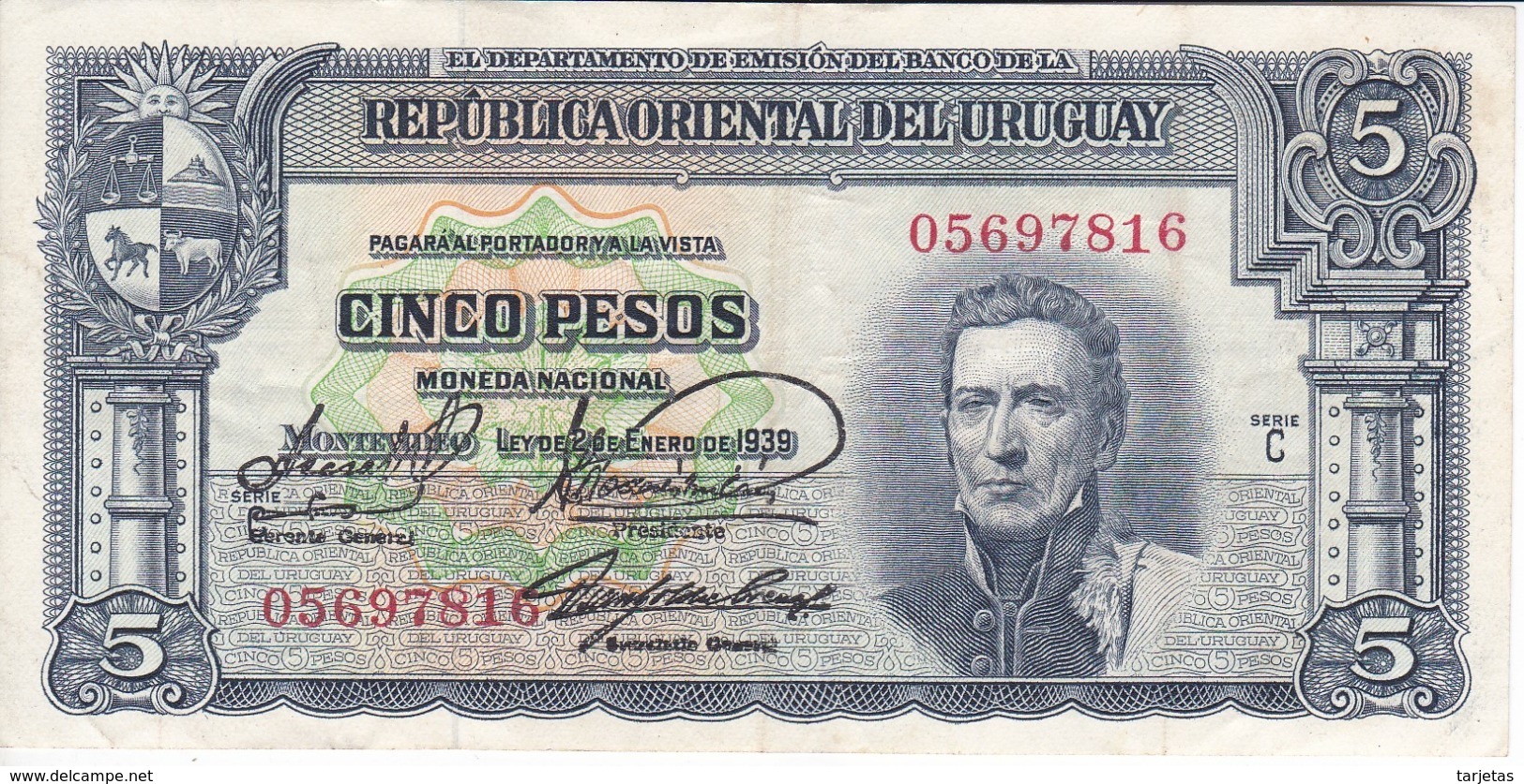 BILLETE DE URUGUAY DE 5 PESOS DEL AÑO 1939 EN CALIDAD EBC (XF)  (BANKNOTE) - Uruguay