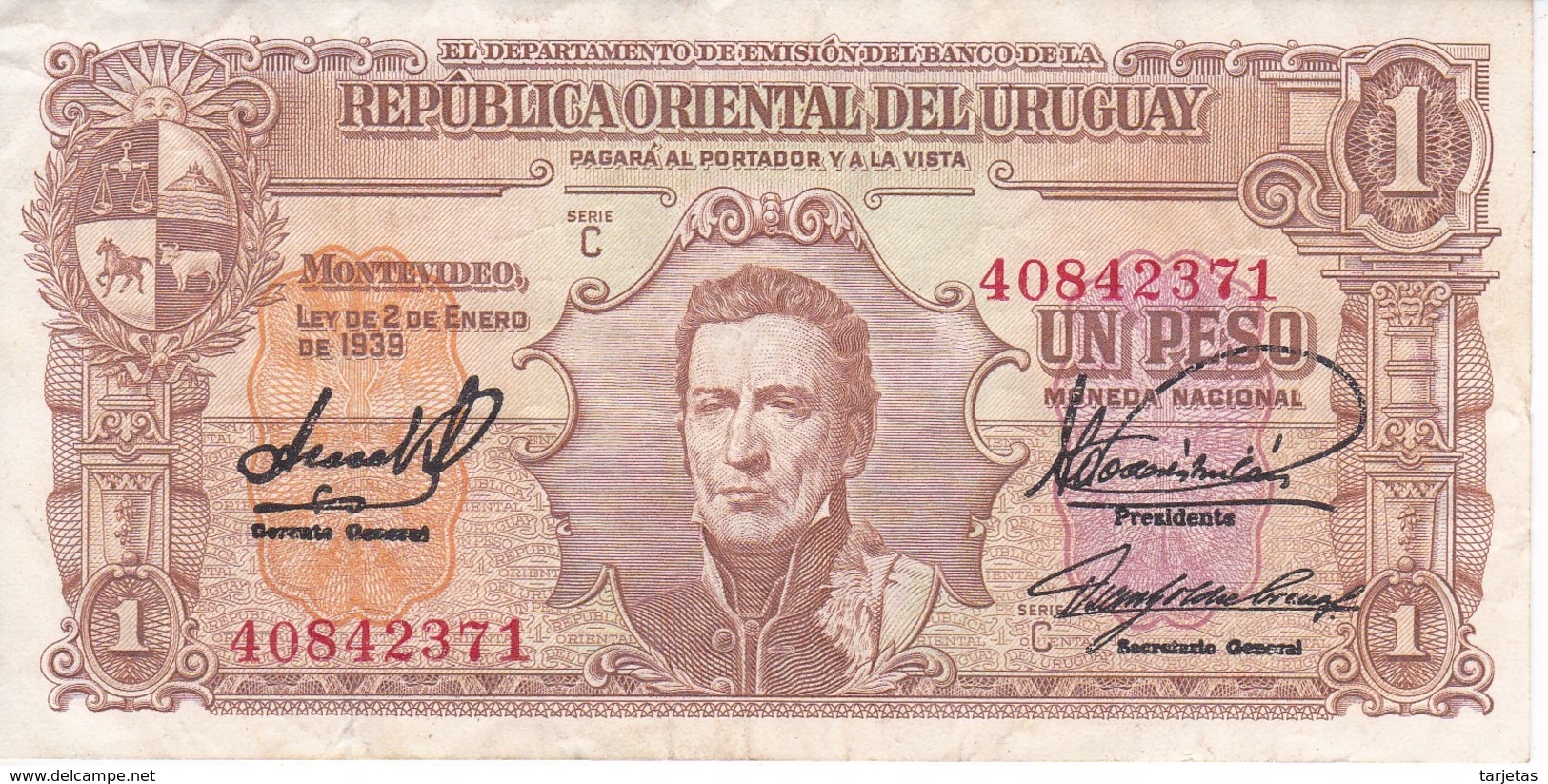 BILLETE DE URUGUAY DE 1 PESO DEL AÑO 1939 EN CALIDAD MBC (VF)  (BANKNOTE) - Uruguay