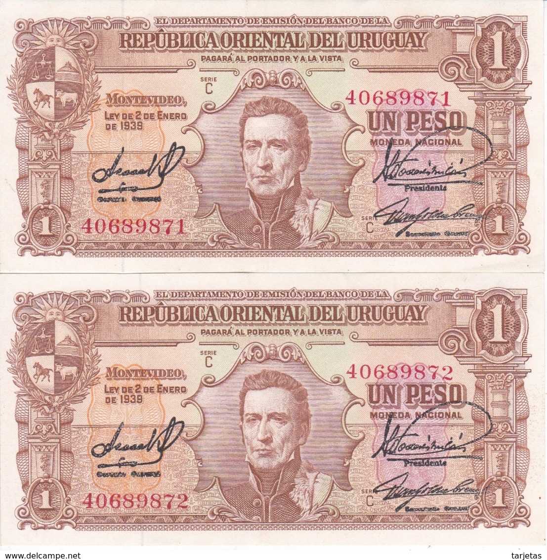 PAREJA CORRELATIVA DE URUGUAY DE 1 PESO DEL AÑO 1939 EN CALIDAD EBC (XF)  (BANKNOTE) - Uruguay