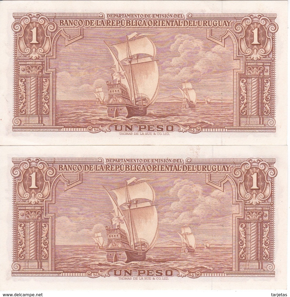 PAREJA CORRELATIVA DE URUGUAY DE 1 PESO DEL AÑO 1939 EN CALIDAD EBC (XF)  (BANKNOTE) - Uruguay