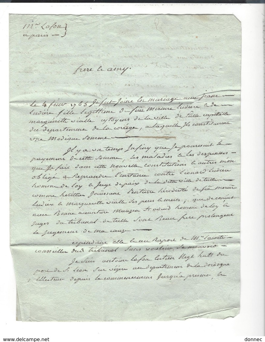 LETTRE  1792  Marque Linéaire 18  TULLE  . Antoine Lafon Négt St-Léon Sur Vézère à Lafon Ladébat  Pt Assemblée Nationale - 1701-1800: Précurseurs XVIII