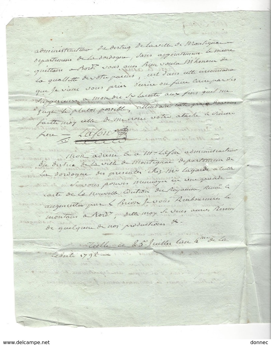 LETTRE  1792  Marque Linéaire 18  TULLE  . Antoine Lafon Négt St-Léon Sur Vézère à Lafon Ladébat  Pt Assemblée Nationale - 1701-1800: Précurseurs XVIII