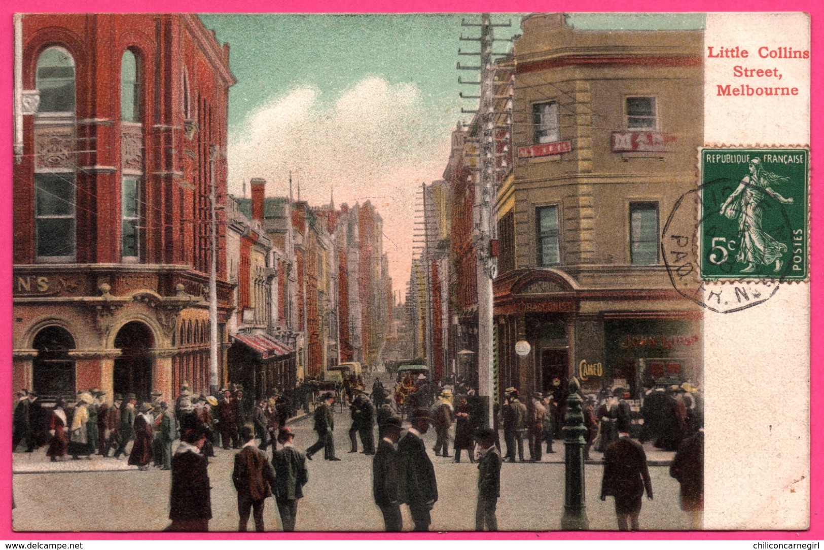 Litho - Melbourne - Little Collins Street - Animée - Convoyeur Maritime LIGNE PAQ. FR. N° ?? - 1908 - Melbourne