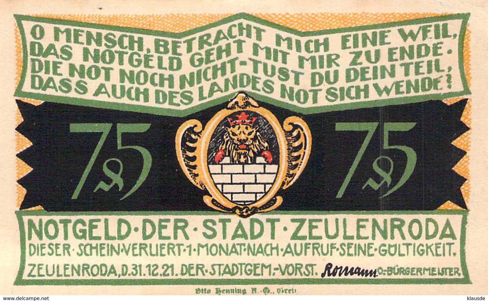 Notgeld 75pfg.Stadt Zeulenroda UNC (I) - [11] Lokale Uitgaven