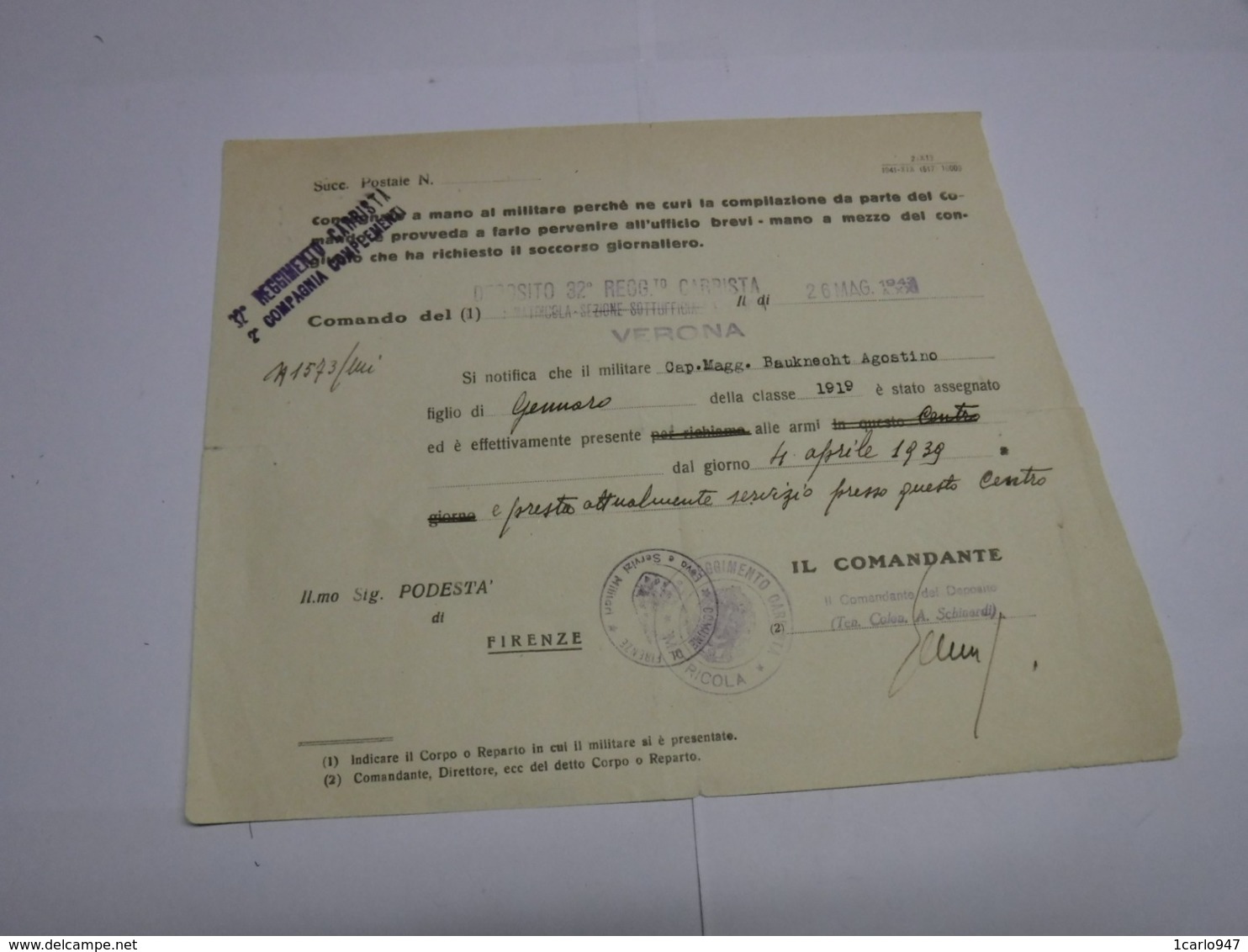 CONGEDO  MILITARE  ---   32° REGGIMENTO  CARRISTA -- VERONA - 1939-45