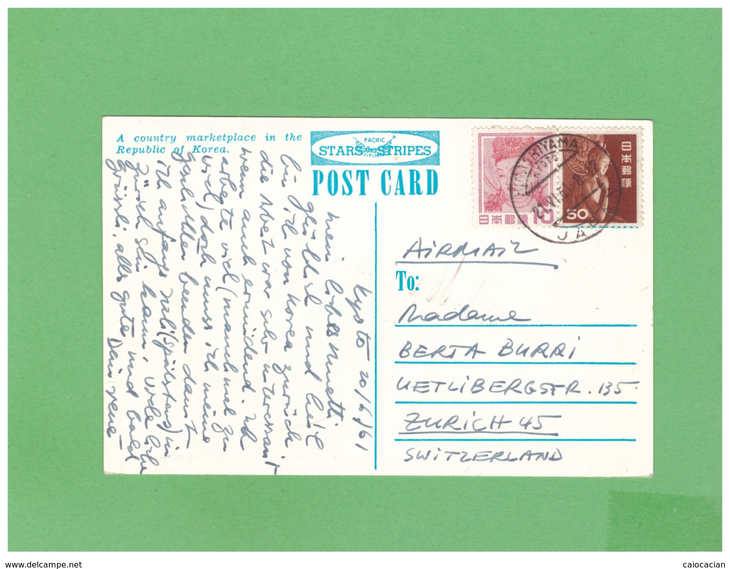 1961 SOUTH KOREA MARKETPLACE AIR MAIL POSTCARD WITH 2 JAPAN STAMPS TO SWISS - Corée Du Sud