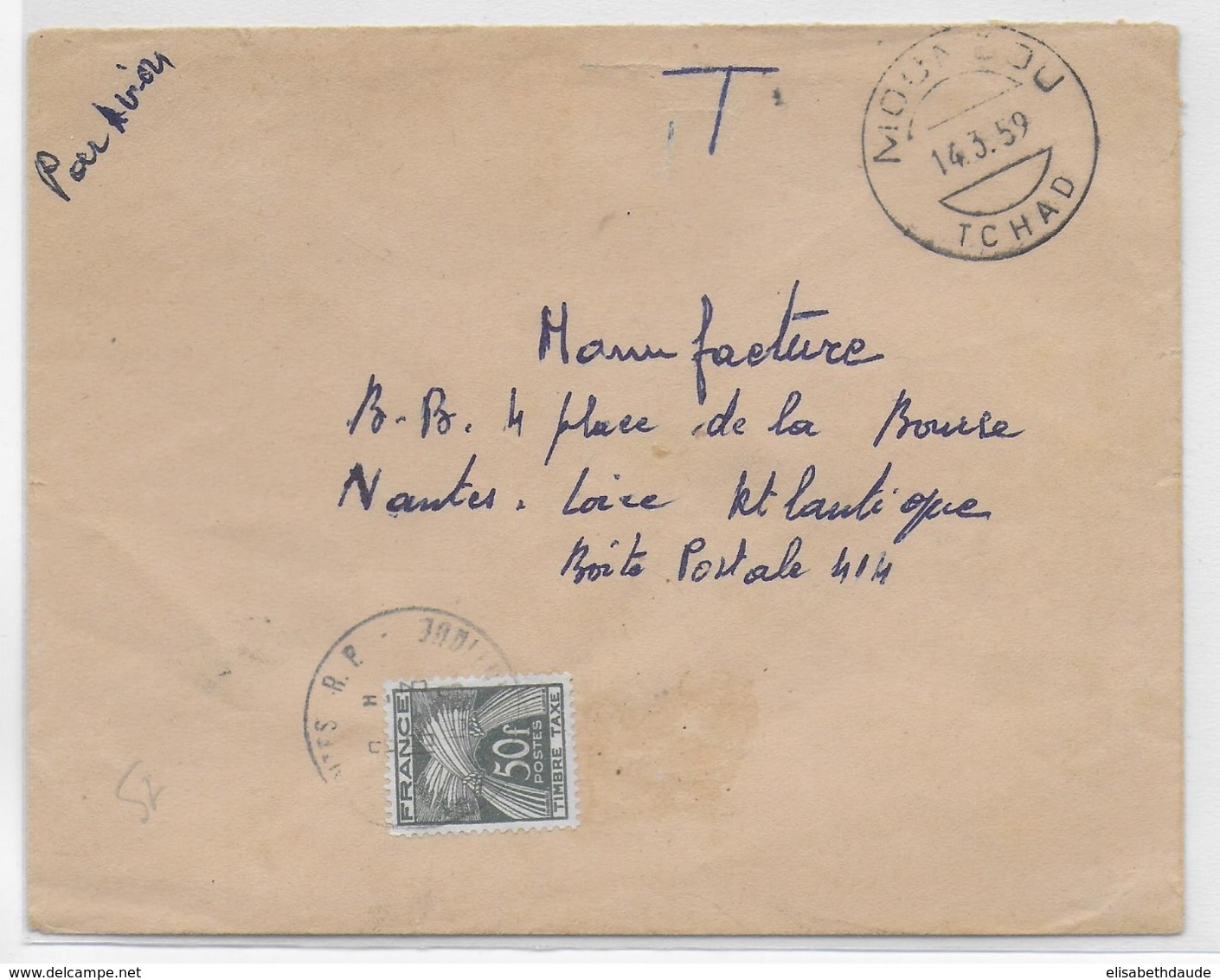 TCHAD - 1959 - ENVELOPPE Par AVION De MOUADOU => NANTES NON AFFRANCHIE Avec TAXE GERBES - 1859-1959 Brieven & Documenten