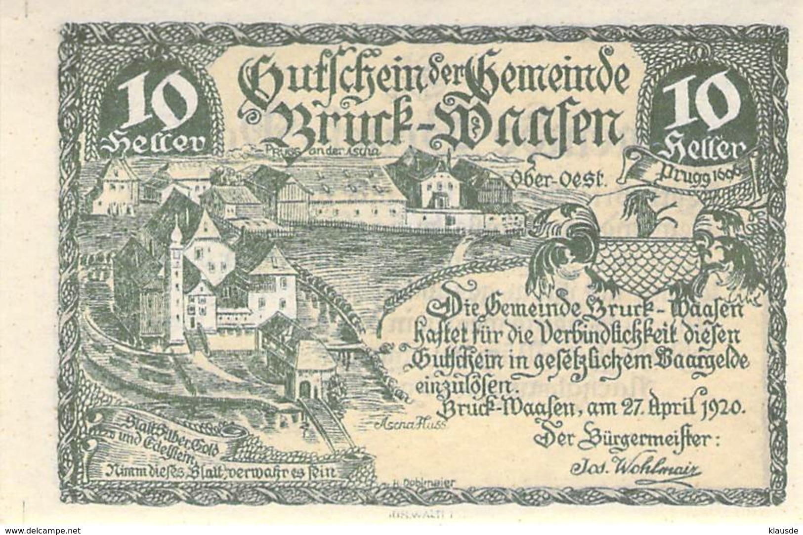 Notgeld 10 + 20 + 50 Heller Notgeld Gemeinde Bruck-Waasen (Oberösterreich) Österreich UNC (I) - Oesterreich