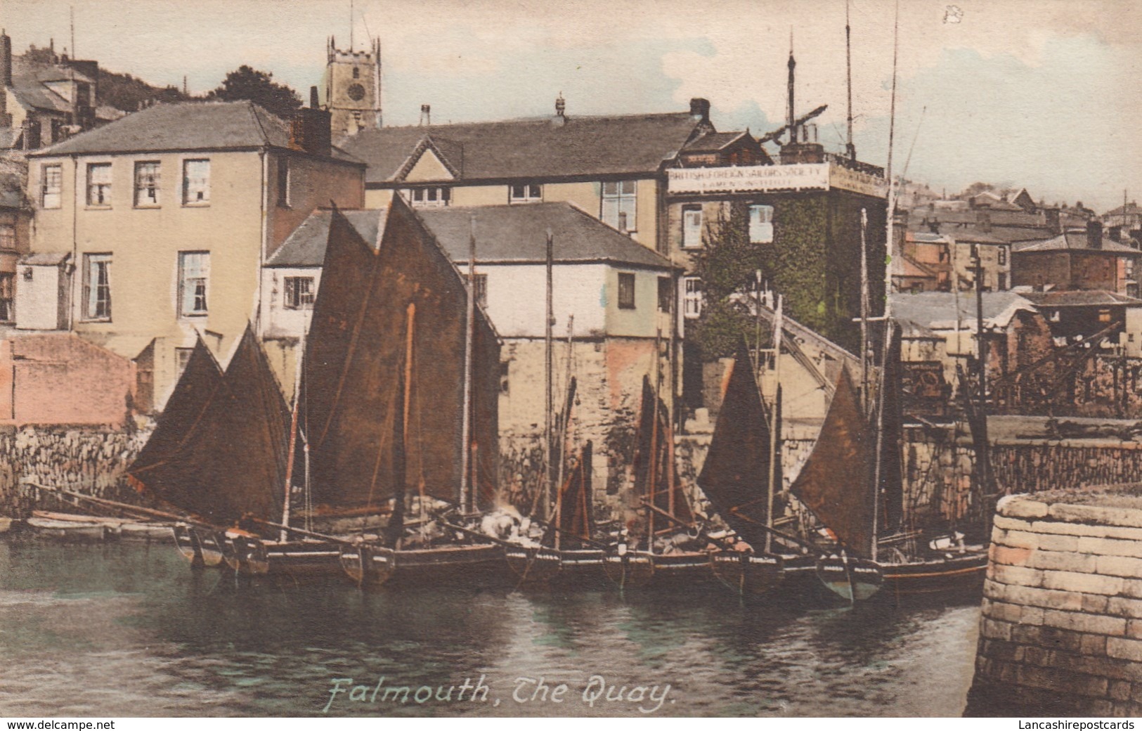 Postcard Falmouth The Quay Fishing Fleet & British Foreign Sailors Society Seamans Institute On The Right My Ref  B13701 - Falmouth
