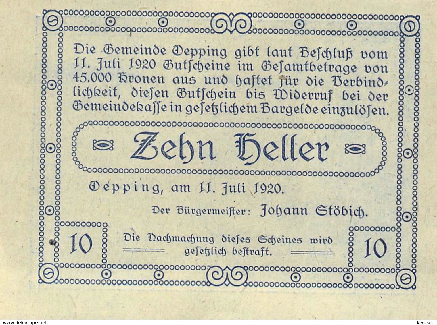 Notgeld 10 20 50 Heller Notgeld Öpping (Oberösterreich) Österreich UNC (I) - Oesterreich