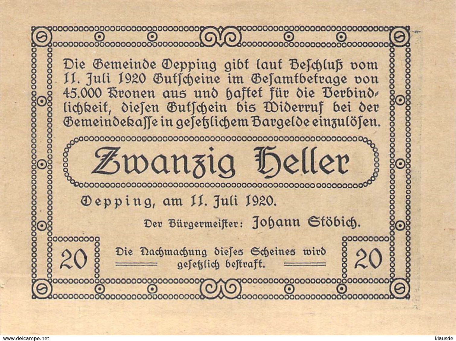 Notgeld 10 20 50 Heller Notgeld Öpping (Oberösterreich) Österreich UNC (I) - Oesterreich