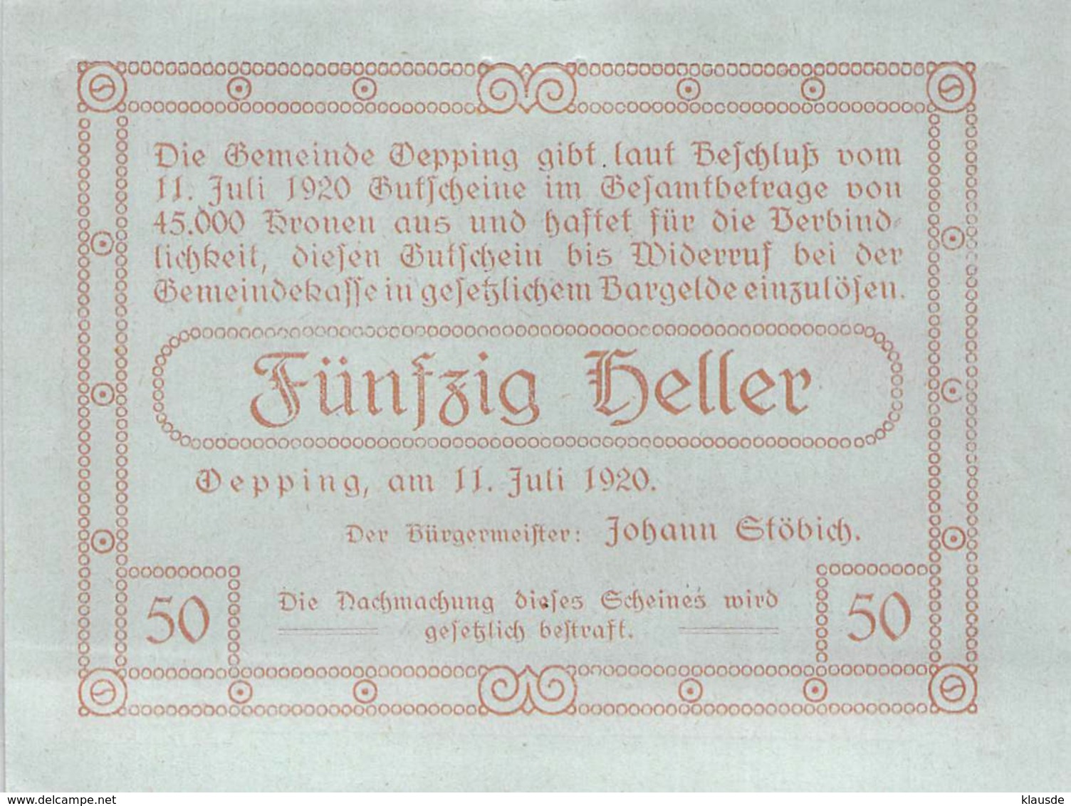 Notgeld 10 20 50 Heller Notgeld Öpping (Oberösterreich) Österreich UNC (I) - Oesterreich