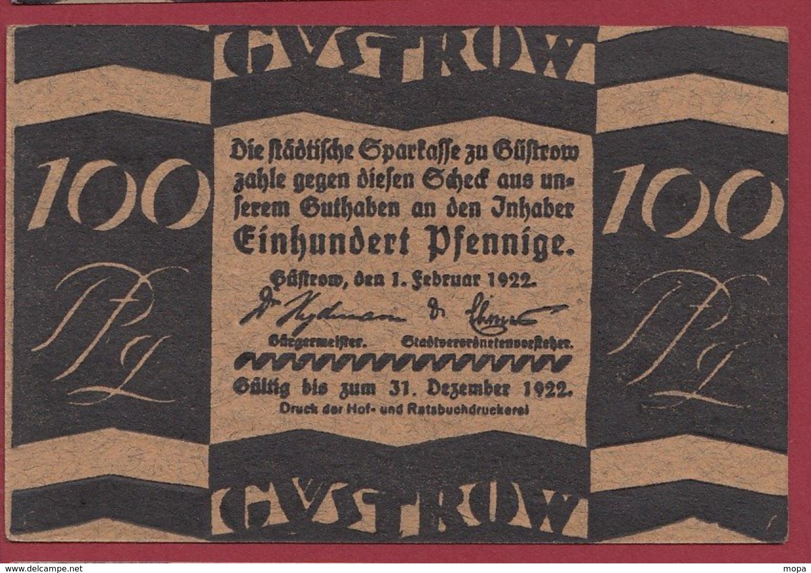 Allemagne 1 Notgeld 100 Pfenning Stadt  Güstrow (RARE)  Dans L 'état N °4786 - Colecciones