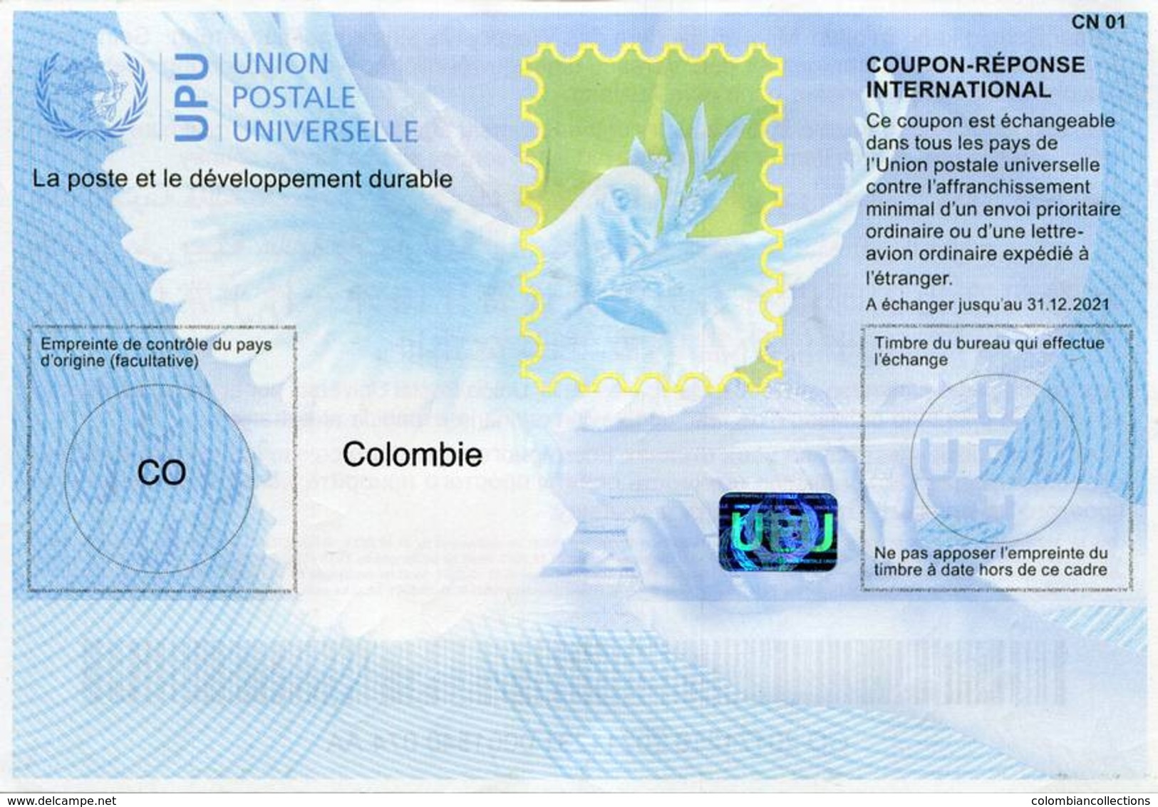 Lote SC854, Colombia, 2018, Cupon De Respuesta, UPU, Coupon, Bird - Sin Clasificación