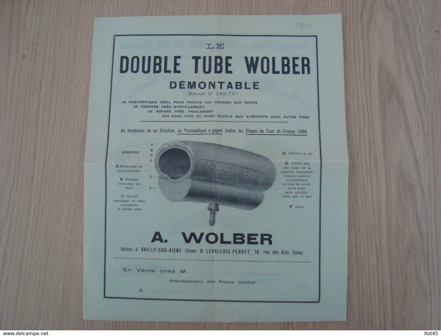 DOCUMENT PUBLICITAIRE DOUBLE TUBE WOLBER PNEUMATIQUE CYCLISME - Automobile