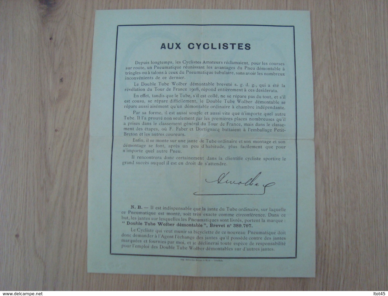 DOCUMENT PUBLICITAIRE DOUBLE TUBE WOLBER PNEUMATIQUE CYCLISME - Automobile