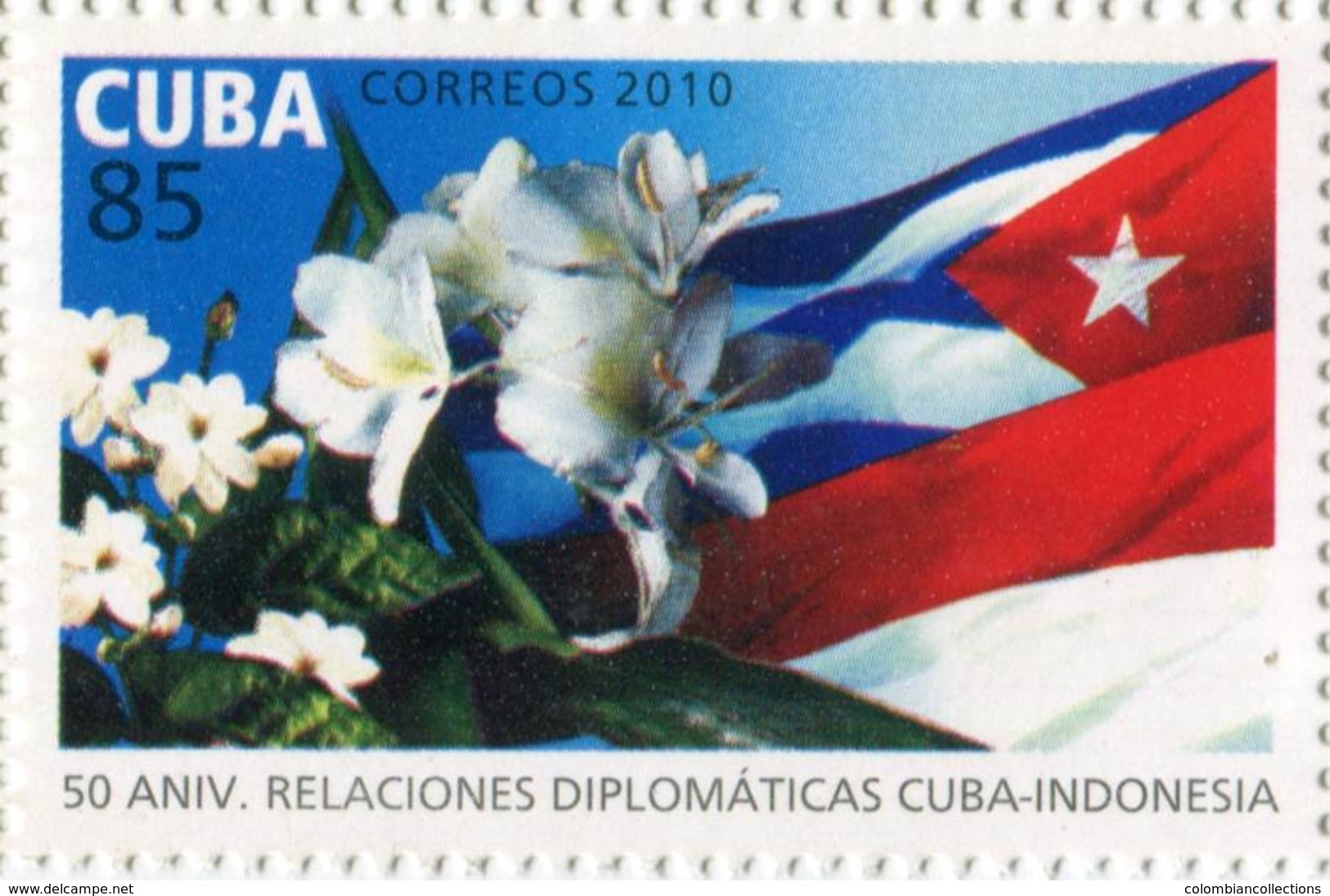 Lote CU2010-26, Cuba, 2010, Sello, Stamp,Relaciones Diplomaticas Cuba-Indonesia, Flag, Flower - Otros & Sin Clasificación