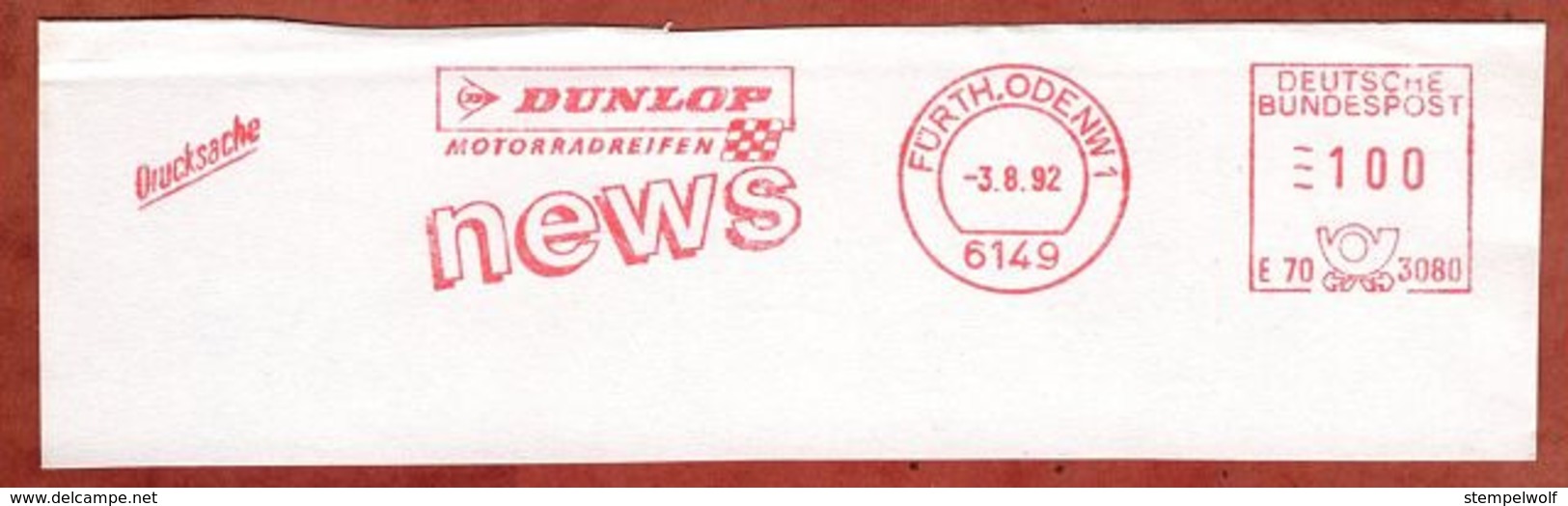 Abschnitt, Pitney Bowes E70-3080, Dunlop Motorradreifen, 100 Pfg, Fuerth 1992 (79204) - Maschinenstempel (EMA)