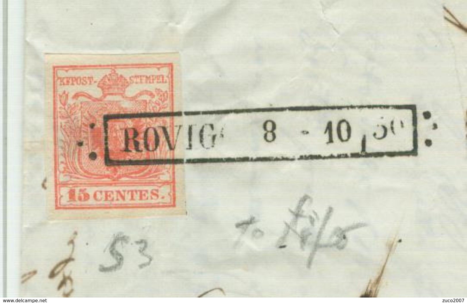 LOMBARDO VENETO- Lettera Con Testo - 8 Ottobre 1850 - ROVIGO-VERONA, Cent 15 Rosso 1° Tipo(s3),MARGINI PERFETTI, - Lombardo-Veneto