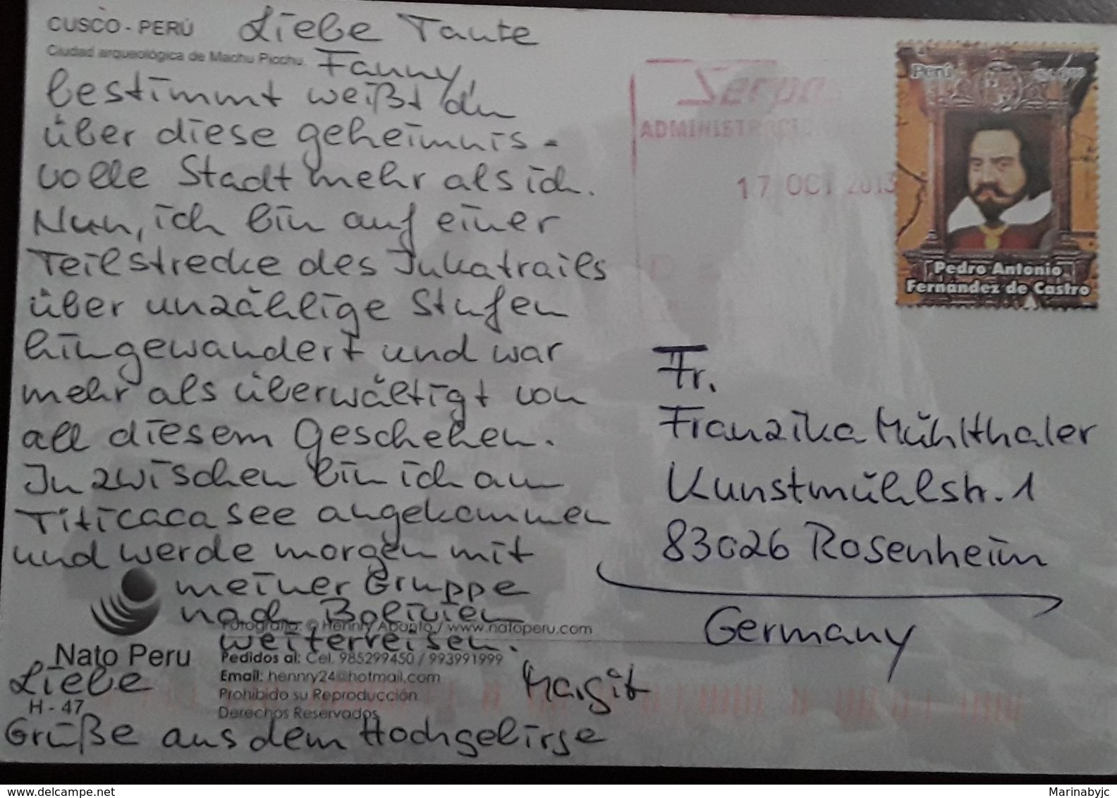 V) 2013 PERU, PEDRO ANTONIO FERNANDEZ DE CASTRO, CIRCULATED COVER FROM PERU TO GERMANY, RED CANCELLATION - Peru