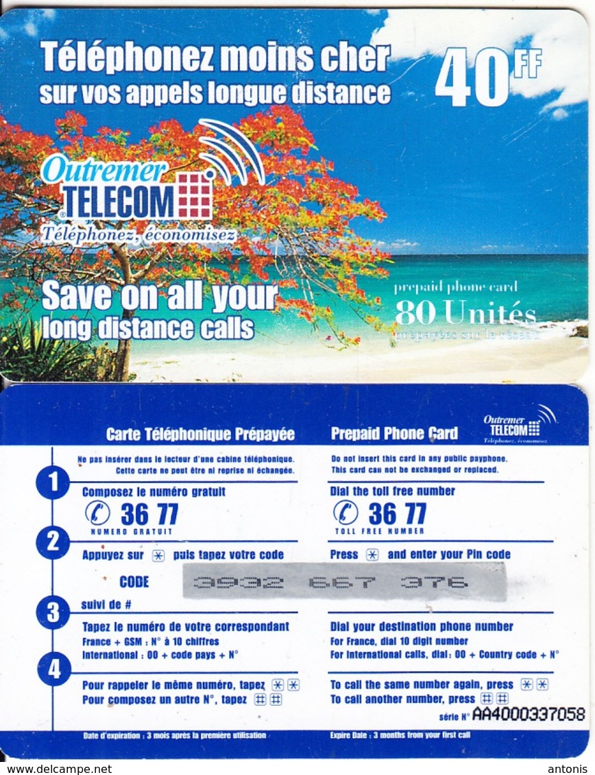 FRENCH CARRIBEAN & REUNION - Beach, Outremer Telecom Prepaid Card 40 FF, Large CN, Used - Antilles (Françaises)