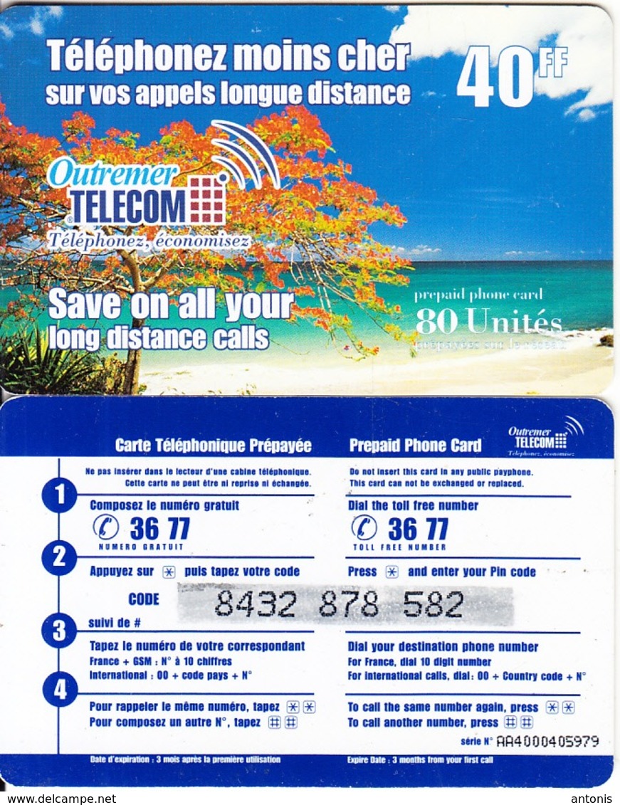 FRENCH CARRIBEAN & REUNION - Beach, Outremer Telecom Prepaid Card 40 FF, Small CN, Used - Antilles (Françaises)