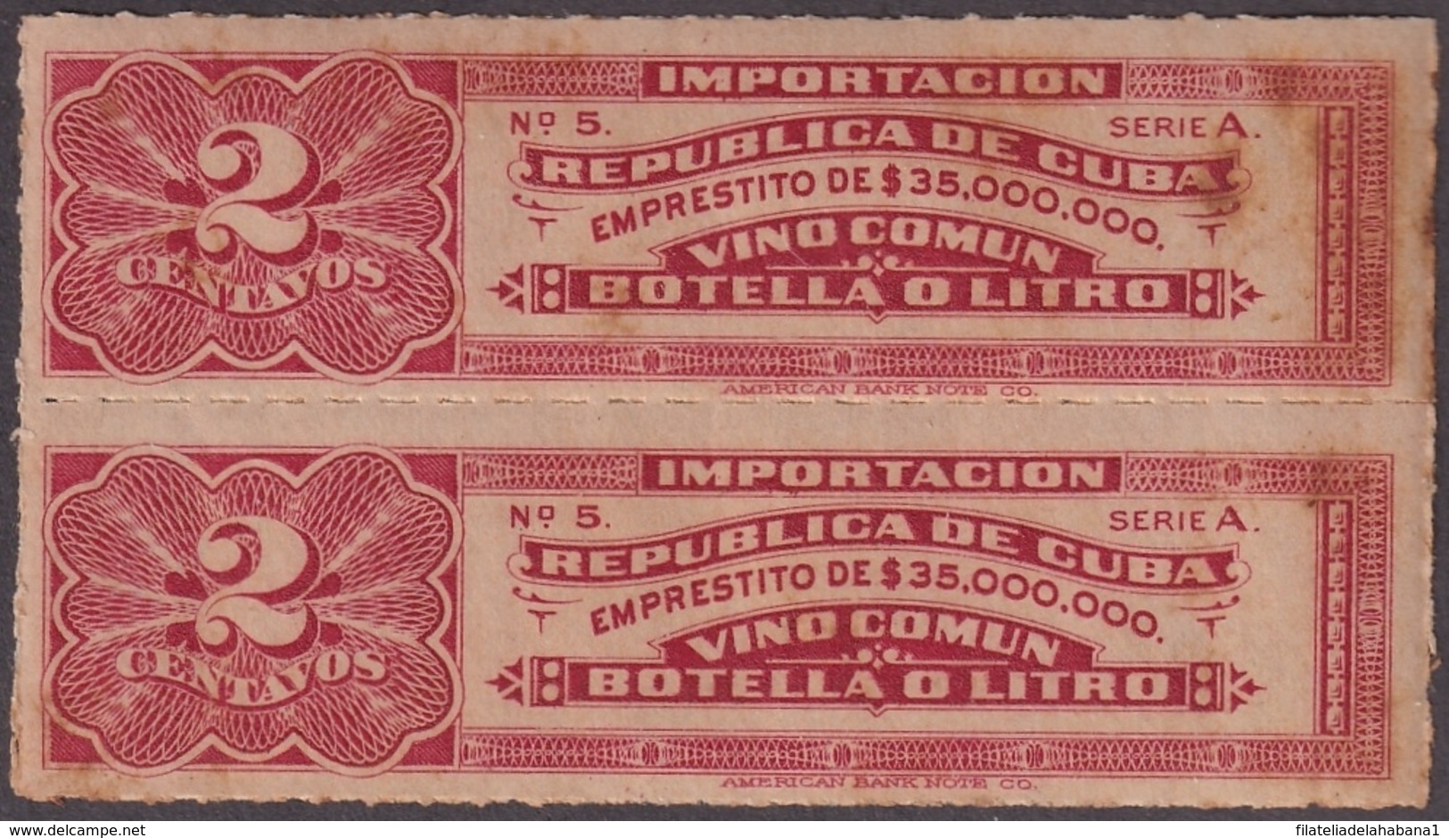 REP-333 CUBA REPUBLICA REVENUE 2c VINOS WINES BEVERAGE IMPORTACION TAX - Portomarken