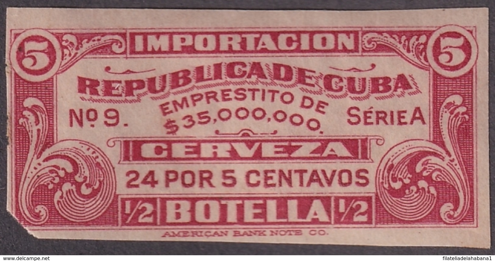 REP-334 CUBA REPUBLICA REVENUE 5c CERVEZA BEER BEVERAGE IMPORTACION TAX - Portomarken