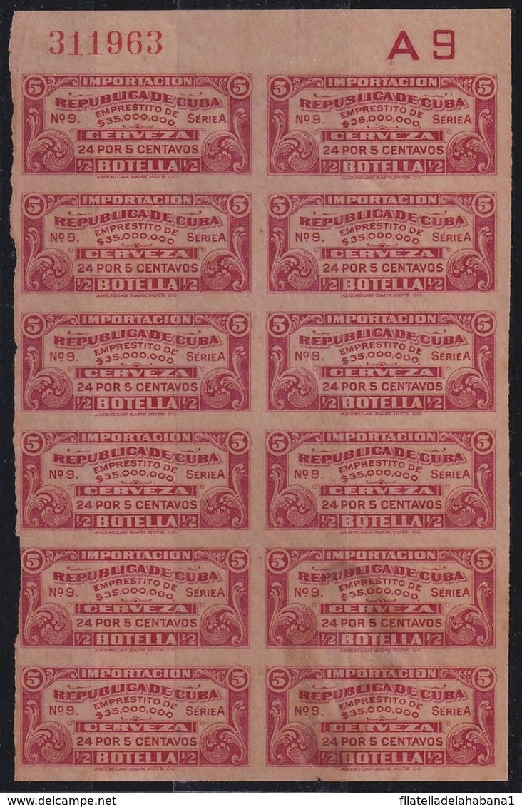 REP-358 CUBA REPUBLICA REVENUE 5c CERVEZA BEER BEVERAGE IMPORTACION TAX. BLOCK 12. - Postage Due