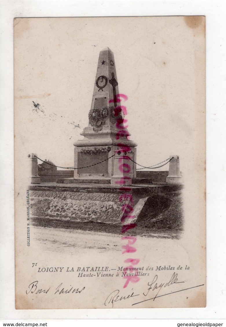 28 - LOIGNY LA BATAILLE - MONUMENT DES MOBILES DE LA HAUTE VIENNE 87 A NEUVILLIERS - CARTE PRECURSEUR - Loigny