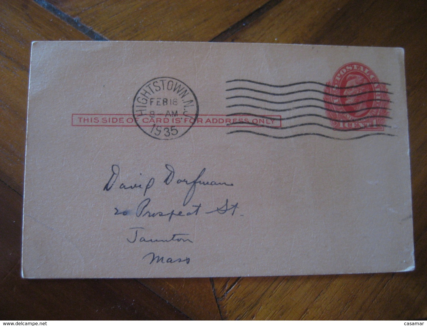 HIGHTSTOWN Mercer New Jersey NJ 1935 To Taunton Massachusetts MA UX23 PC15 Postal Stationery Card USA - 1921-40