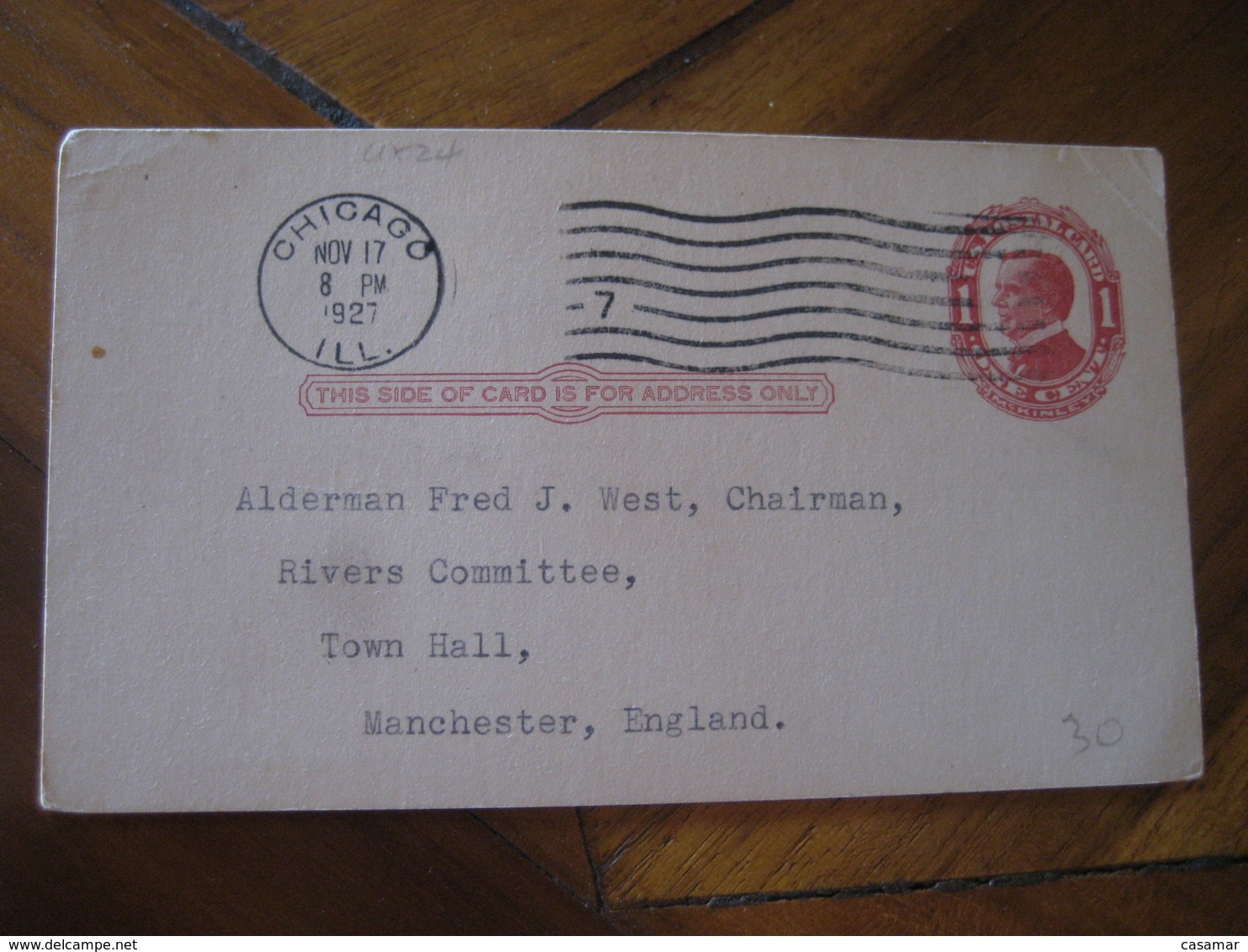 CHICAGO Illinois IL 1927 To Manchester England Municipal Reference Library UX24 PC14 Postal Stationery Card USA - 1921-40