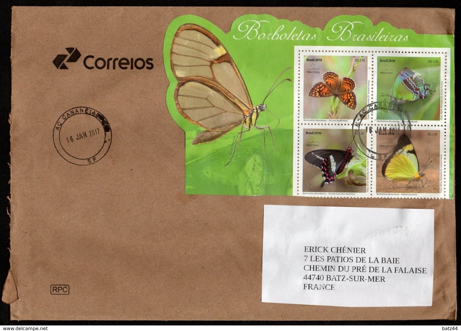 BRESIL BRASIL  Enveloppe Cover AC CANANEIA Ile Island 16 01 2017 Bloc Papillon Butterfly - Lettres & Documents