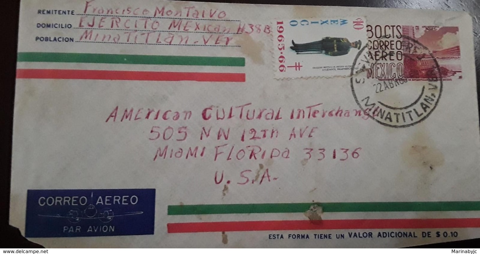 V) 1965 MEXICO, TB SEALS, SOLDIER, CU MODERN ARCHITECTURE, POSTAL STYATIONARY, AIRMAIL CIRCULATED COVER FROM MINATITLAN - Mexico