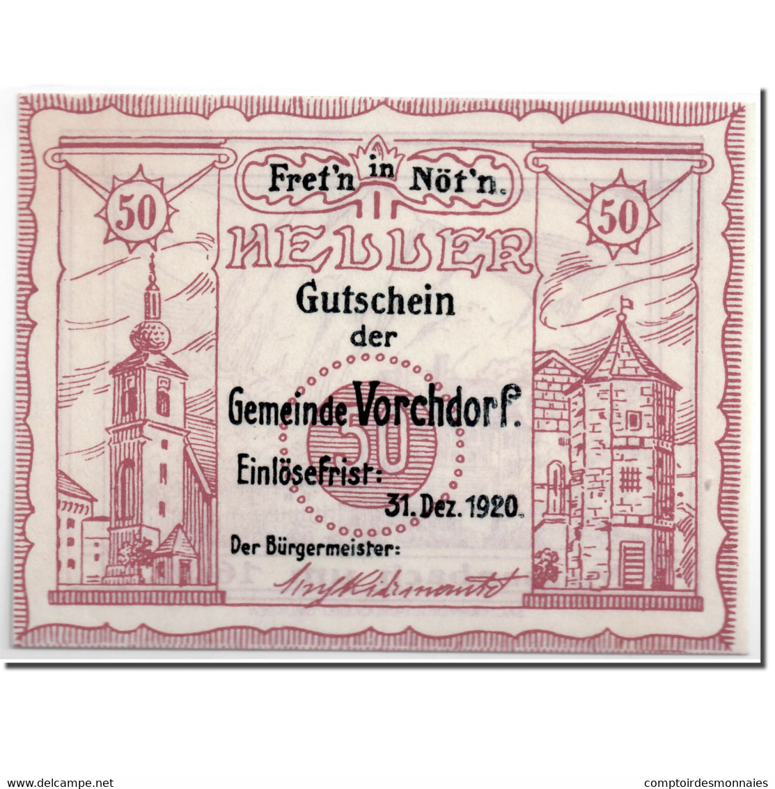 Billet, Autriche, Vorchdorf, 50 Heller, Paysage, 1920, SPL, Mehl:FS 1119a - Autriche