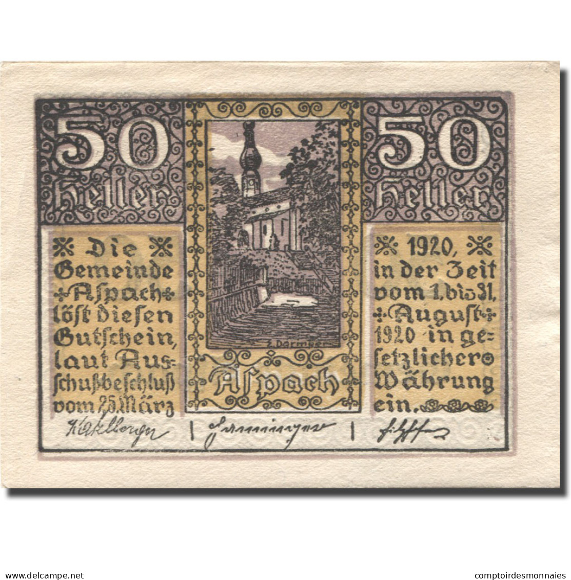 Billet, Autriche, Aspach, 50 Heller, Château 1920-08-31, SUP, Mehl:FS 57a - Autriche