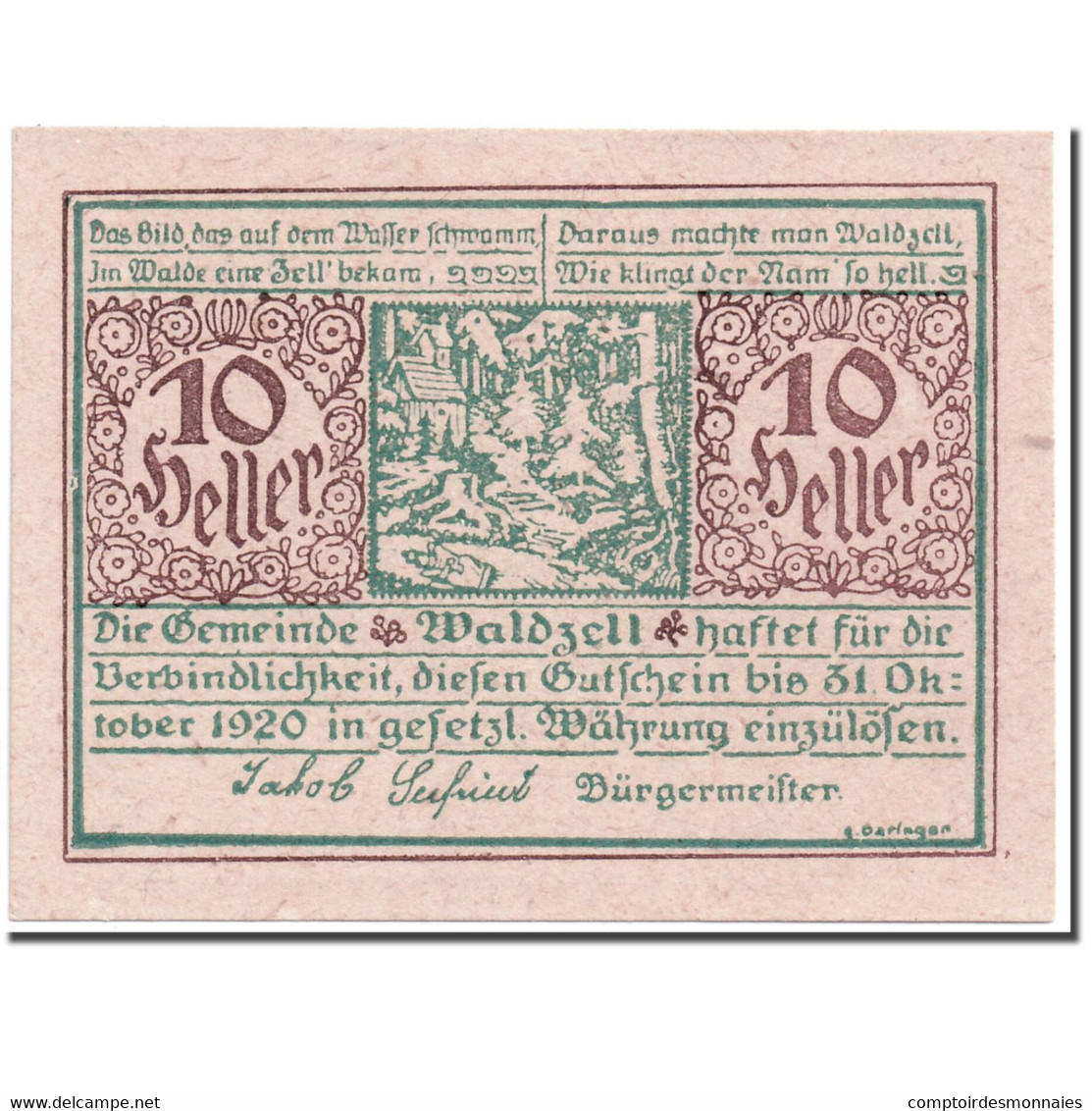 Billet, Autriche, Waldzell, 10 Heller, Paysage, 1920, SPL, Mehl:1135 - Autriche
