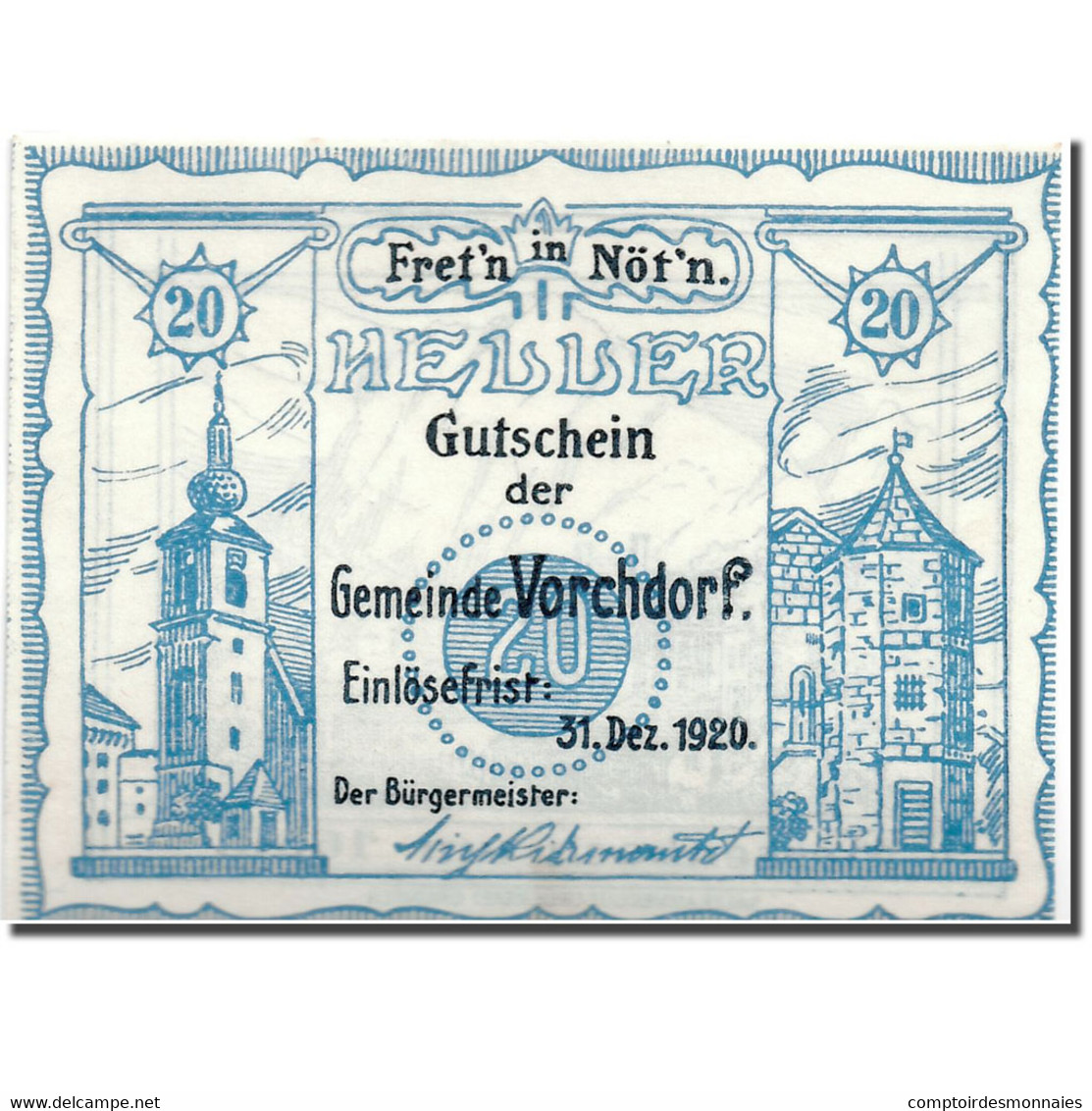Billet, Autriche, Vorchdorf, 20 Heller, Paysage, 1920, SPL, Mehl:FS 1119a - Autriche